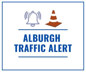 Notification bell and traffic cone announcing Alburgh traffic alert 