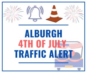 4th of July Traffic Alert Announcement with notification bell and orange traffic cone. Red and blue fireworks and a cartoon patriotic parade float.