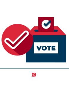 Blue and red voting ballot box with red and blue check marks.